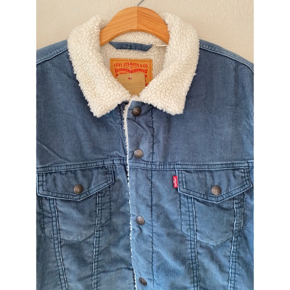Levi's Corduroy Trucker Jacket Sherpa Lined Denim Coat Blue Size L - Picture 2 of 6